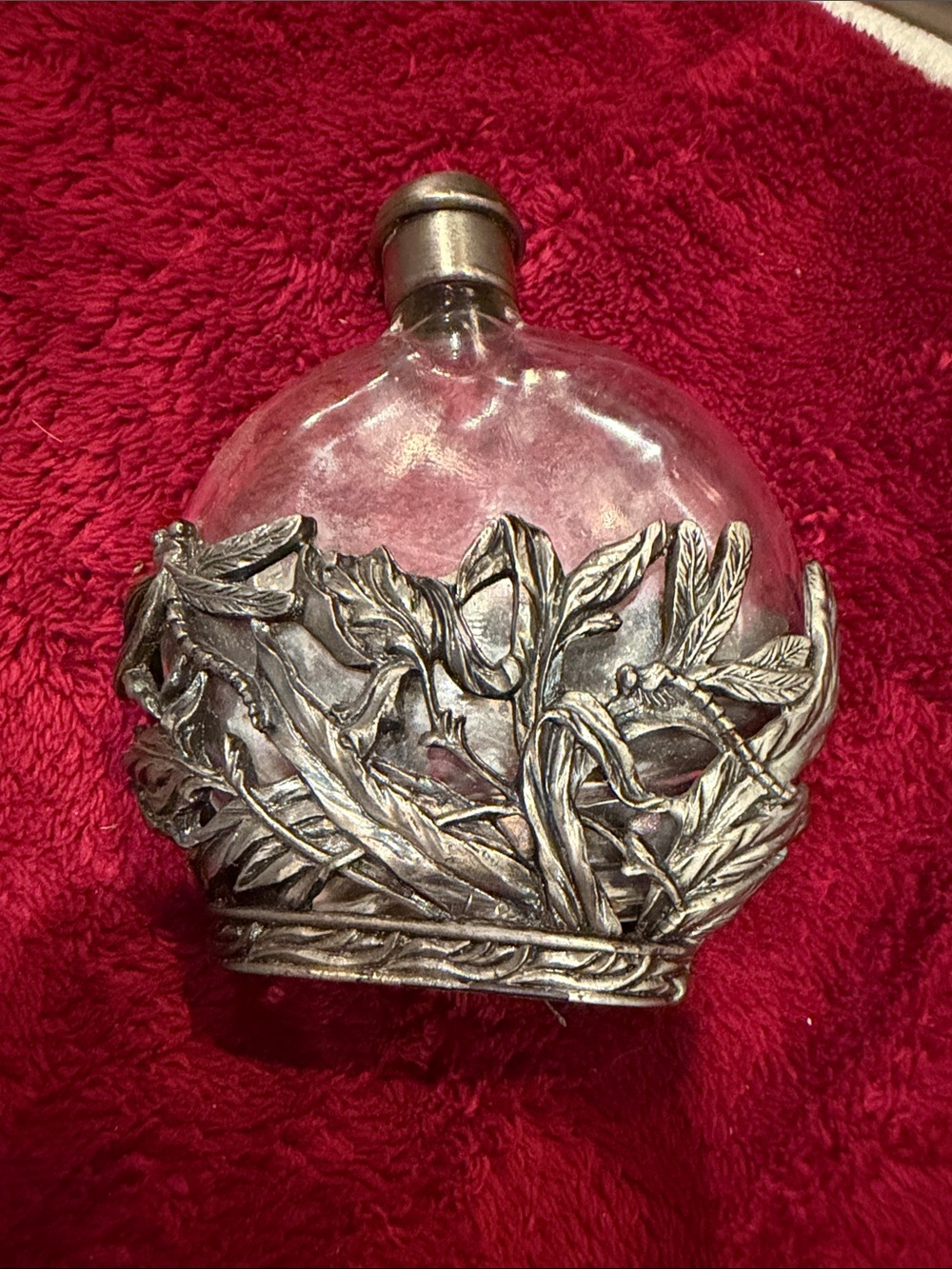 Vintage Decorative Glass Perfume bottle w/Ornate Pewter Silver Overlay